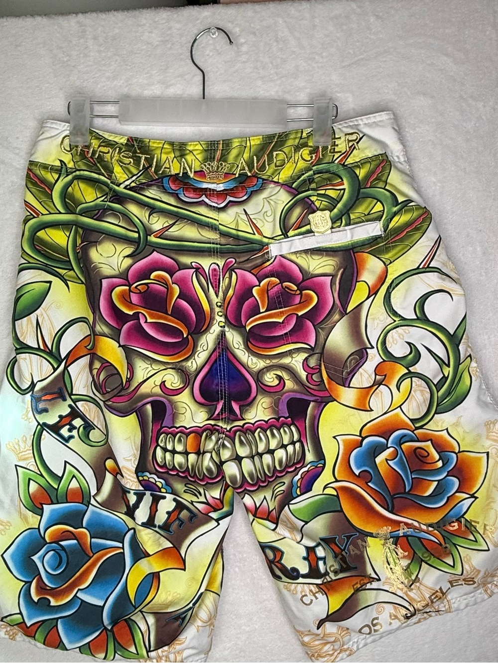 Vintage Y2K Christian Audigier Board Shorts Ed Hardy Mens 32 Skull Bones Roses